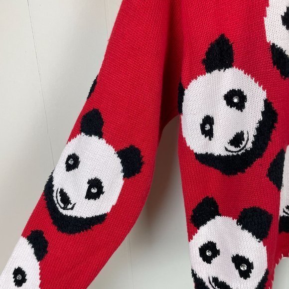 Vintage 90s Belle Pointe Panda Cardigan Sweater Red Black Button Up Size Medium - Picture 6 of 8